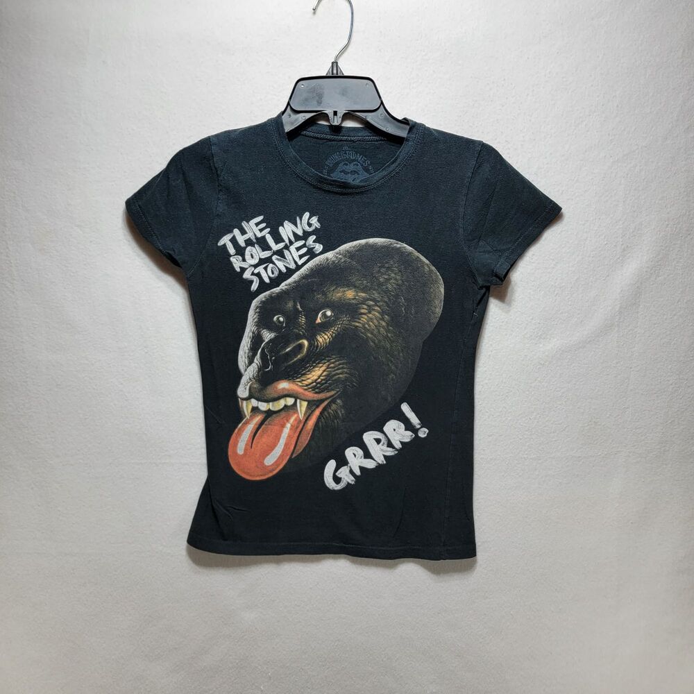 The Rolling Stones T-Shirt Womens Size S Black Acid Wash Cropped Band Graphic